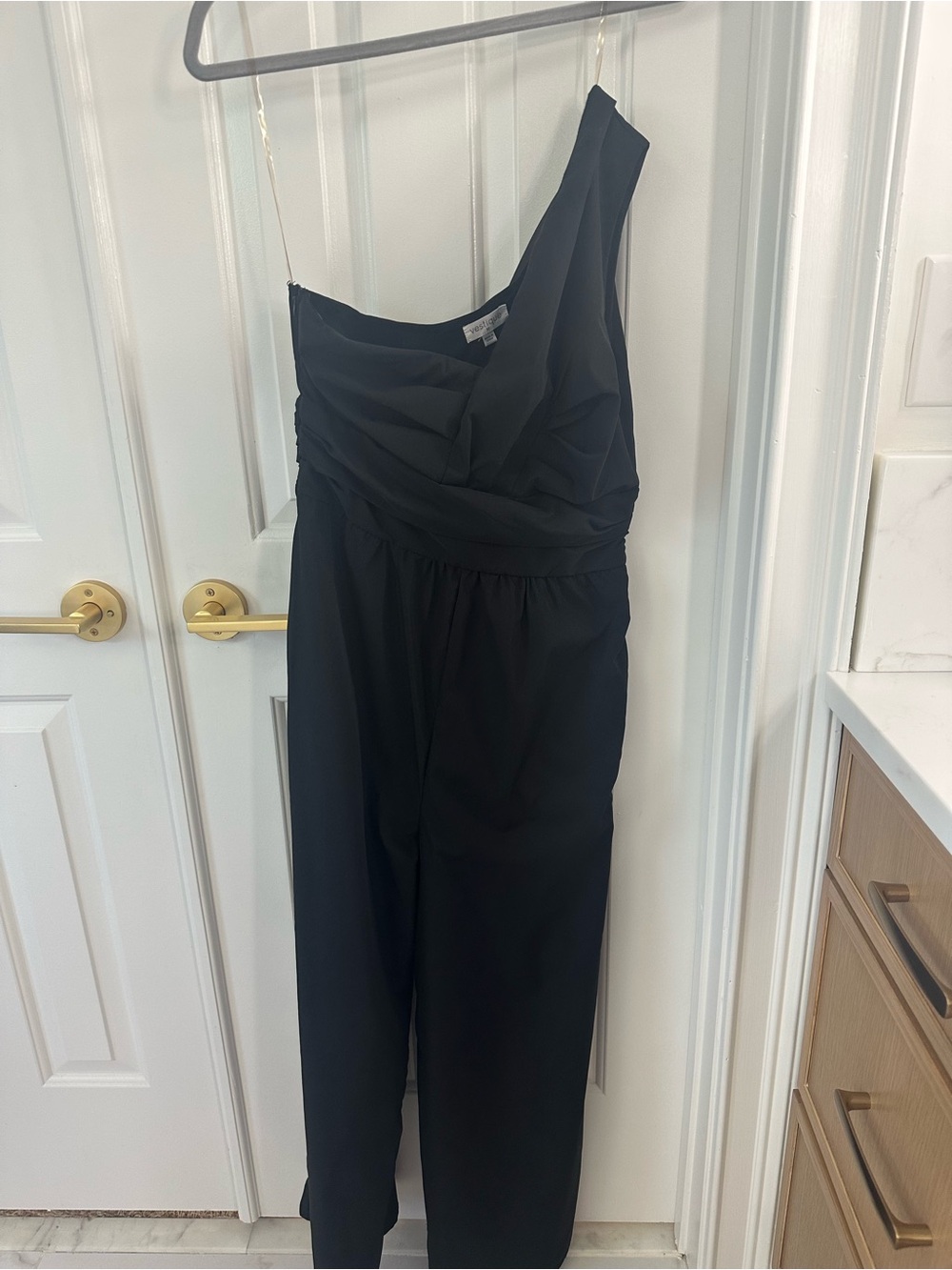 vestique One-Shoulder Black Jumpsuit with Draped Bodice